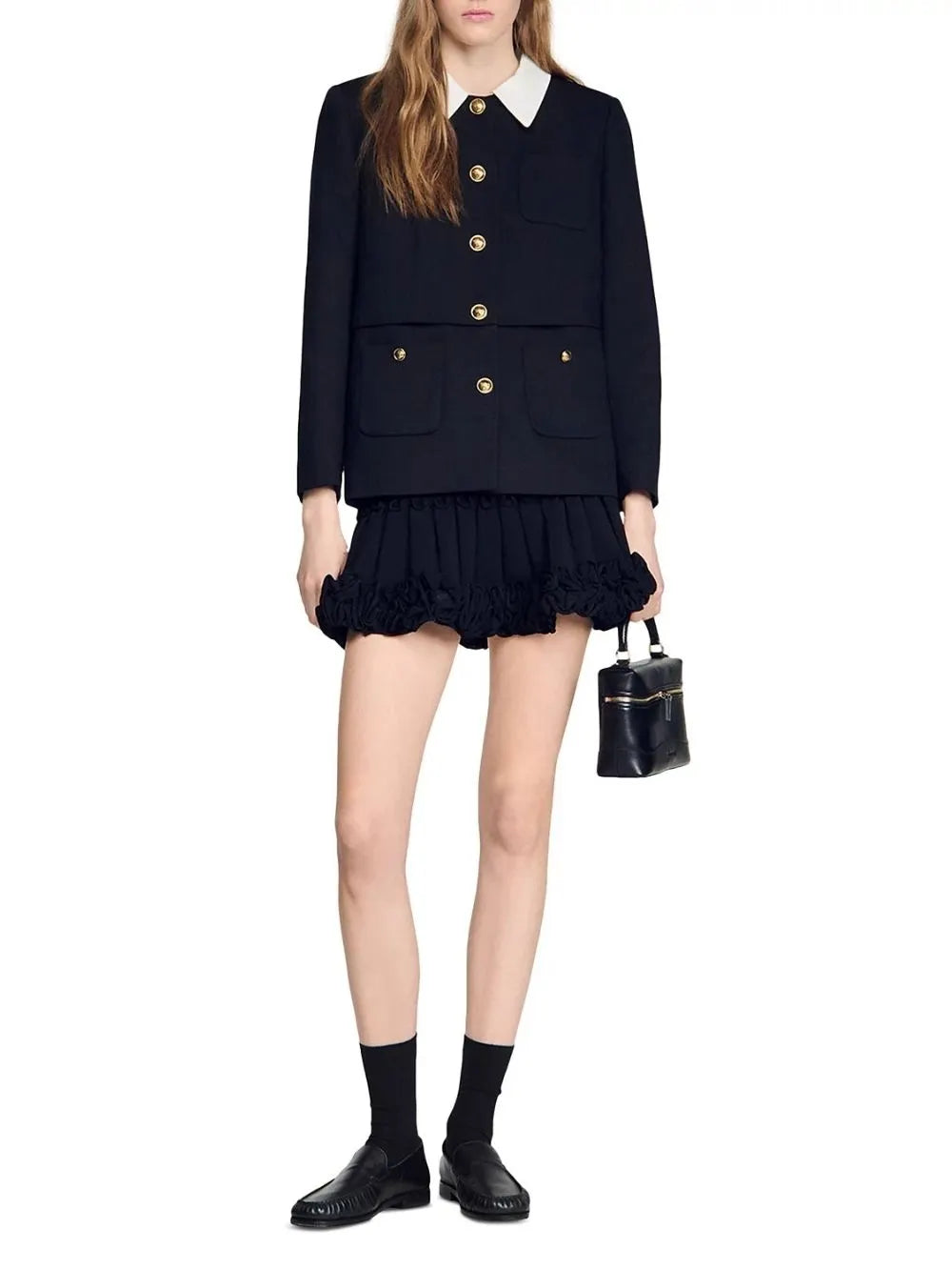 Contrast Collar Wool Jacket Flowering Girl