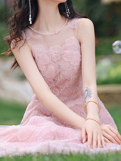 Pink 3D Floral Beaded Maxi Dress Flowering Girl