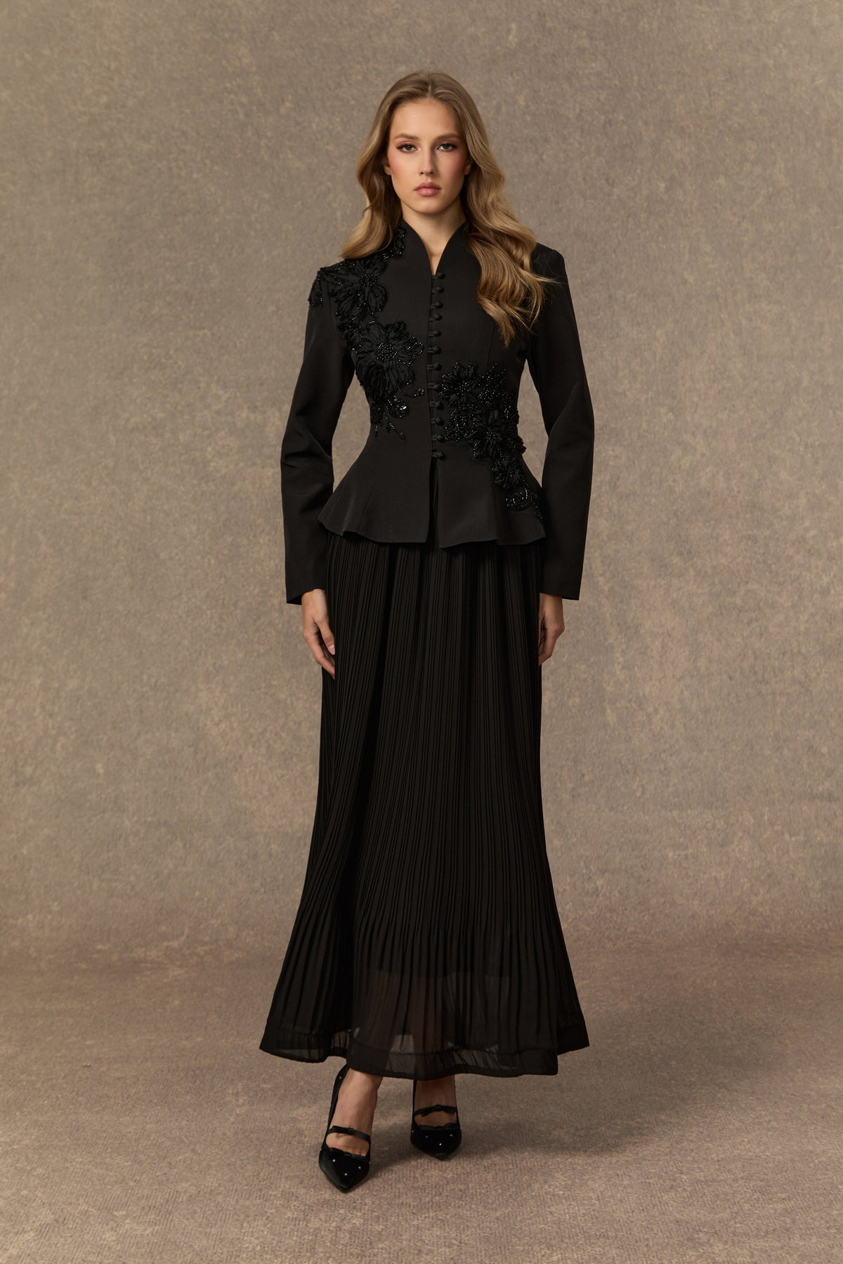 3D Beaded Floral Stand Collar Peplum Jacket & Pleated Chiffon Maxi Skirt Two-Piece Set Flowering Girl