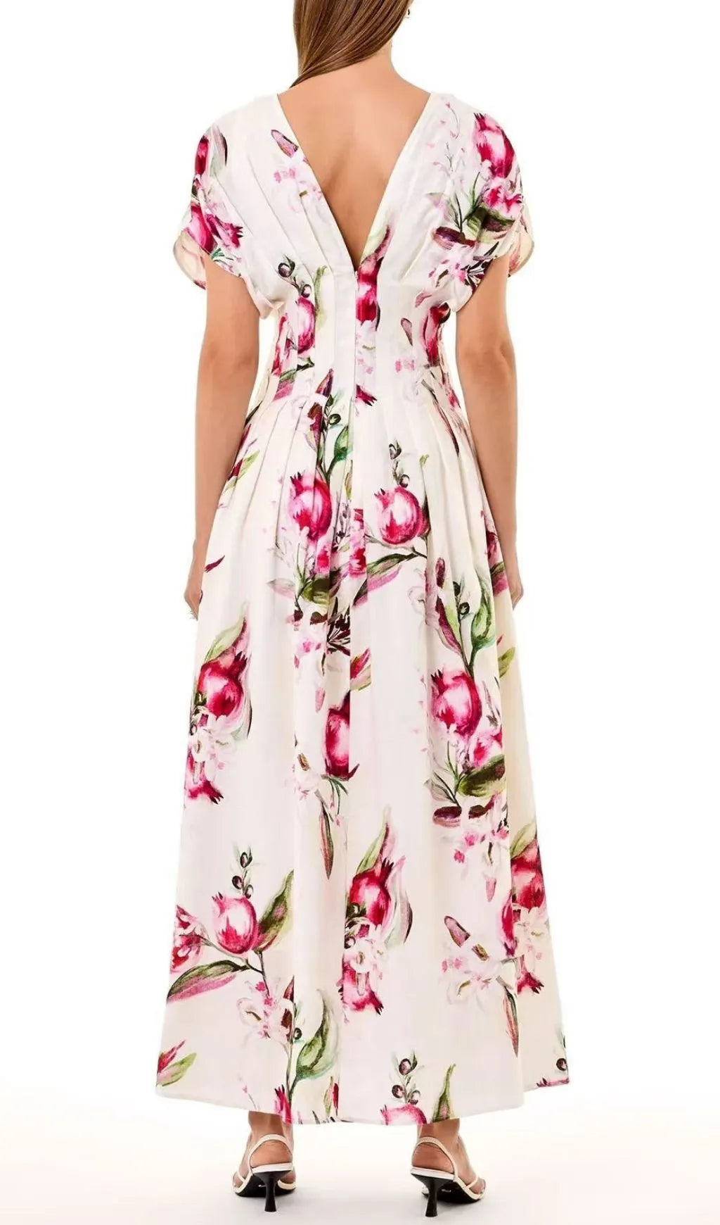 Sonya Pleated Floral Print Maxi Dress in White Flowering Girl