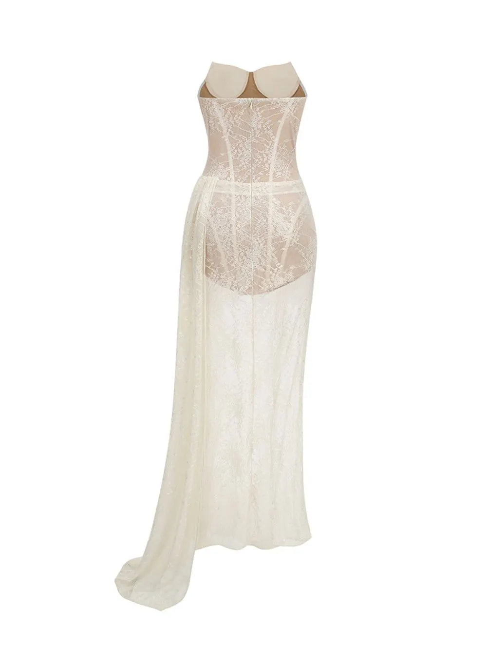 Strapless Draped Lace Bustier Maxi Dress Flowering Girl