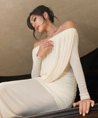 Cara Off-Shoulder Long Sleeve Pleated Mesh Maxi Dress In White Flowering Girl