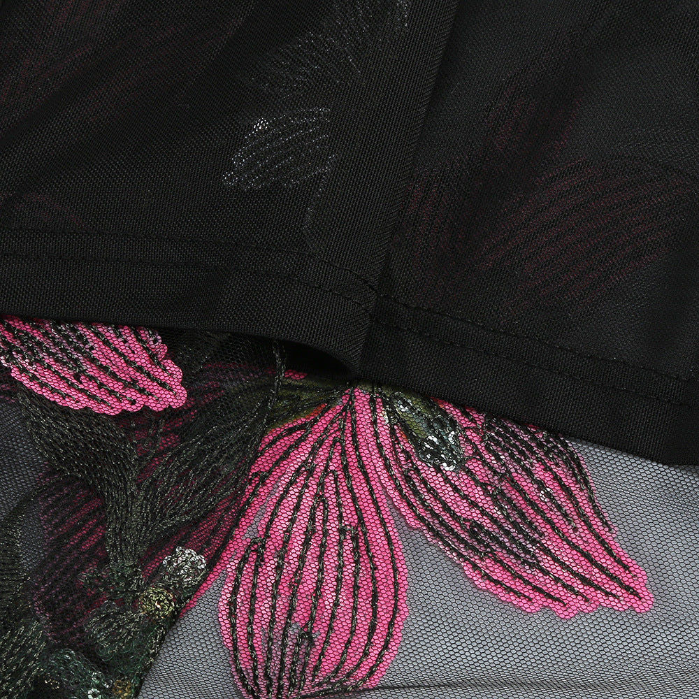 Black Floral Embroidered Mesh Column Dress Flowering Girl