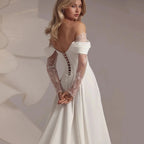 A Line Off Shoulder Split Satin Lace Appliques Bridal Gowns Flowering Girl