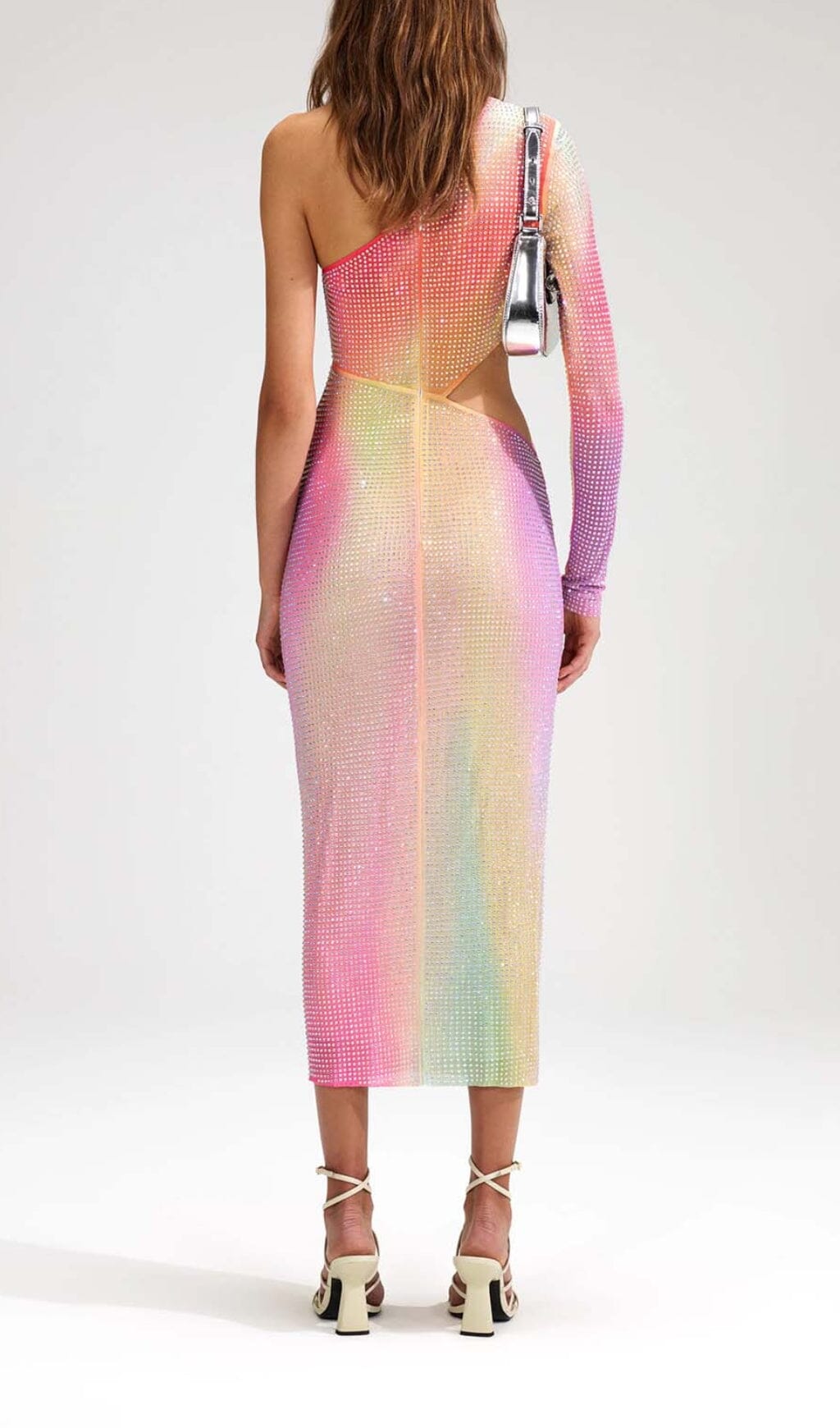 Mesh Rhinestone One Shoulder Midi Dress In Cotton Candy Flowering Girl