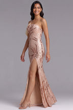 Rose Gold Sequin Maxi Gown with Tulle Shoulder Detail Flowering Girl