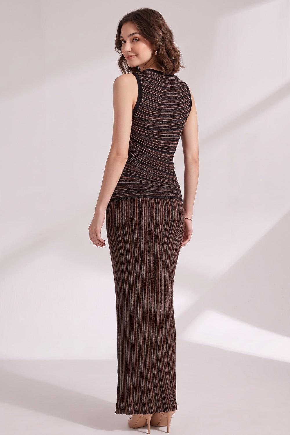 Black Fine Knit Bodycon / Column Two-Piece Knit Set (Top And Maxi Skirt) Flowering Girl