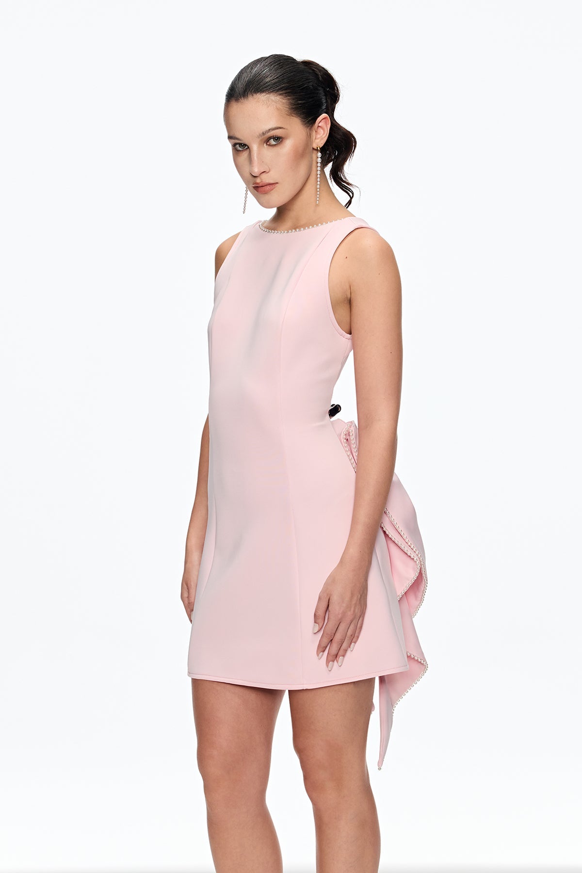 Bernice Pearl Bow Backless Mini Dress In Pink Flowering Girl