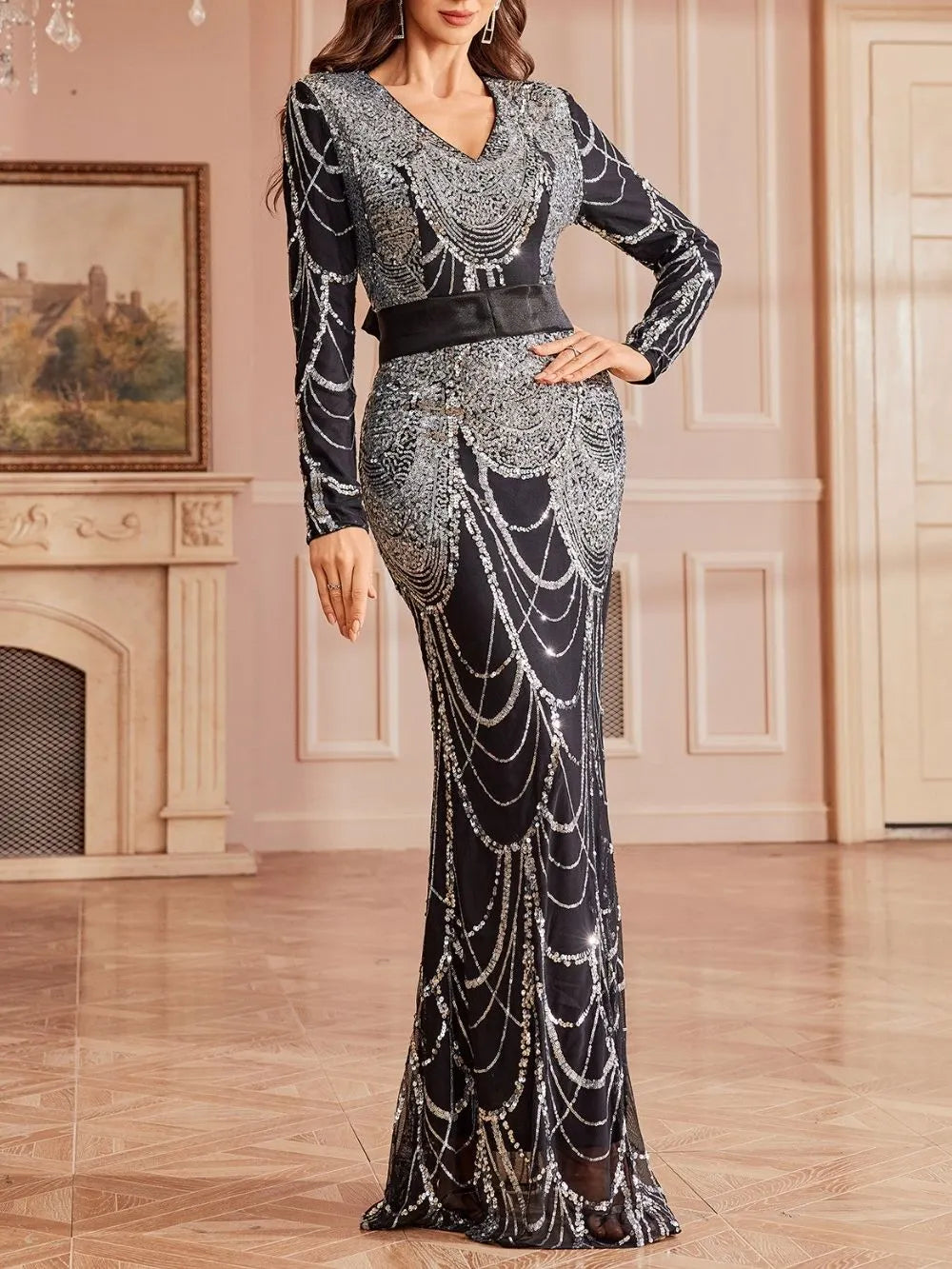 Mayana Black Sequin Long Sleeve Maxi Dress Flowering Girl