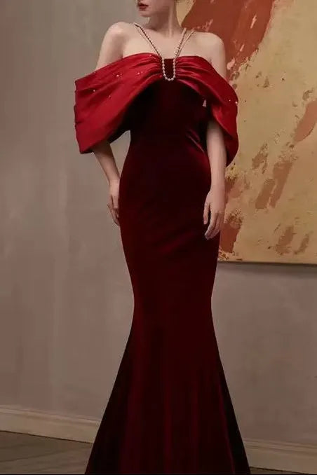 Tove Off Shoulder Velvet Maxi Dress - Red Flowering Girl