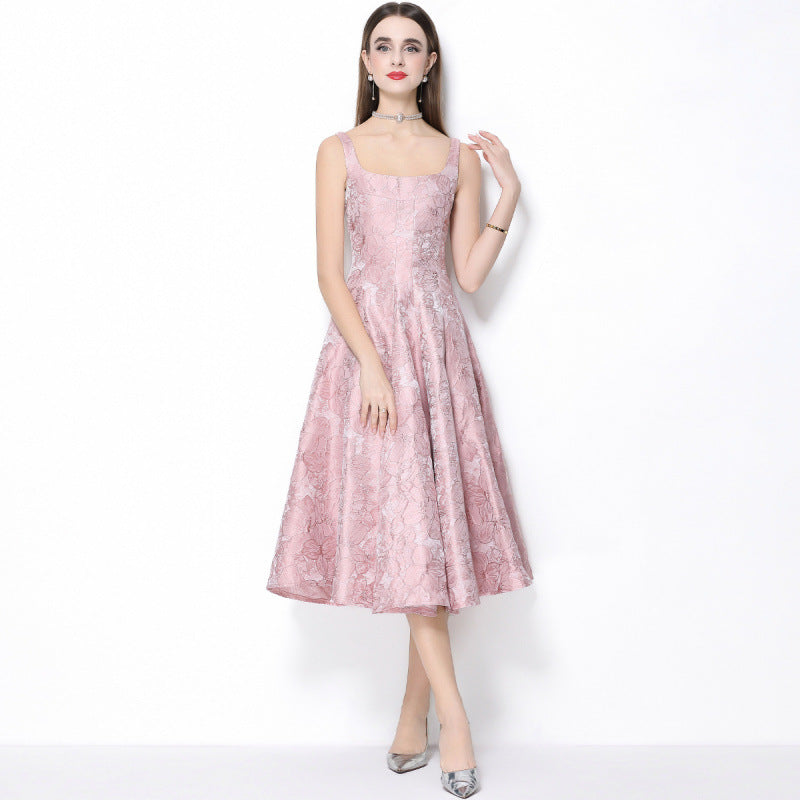 Beverly Vintage Jacquard Slip Midi Dress In Pink Flowering Girl