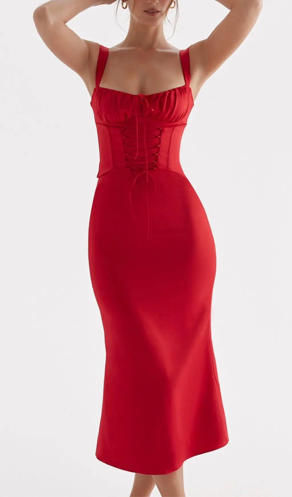 Red Lace Up Corset Midi Dress Flowering Girl