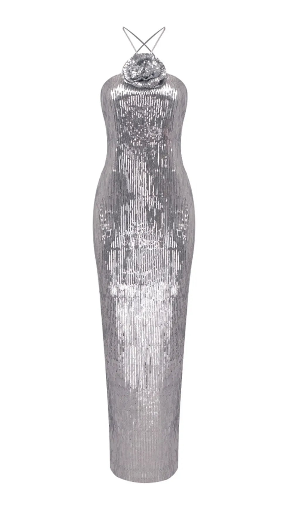 Betiana Silver Halter Flower Sequin Maxi Dress Flowering Girl