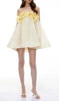 Sabrina Off-Shoulder 3D Floral Mini Dress In Yellow Flowering Girl
