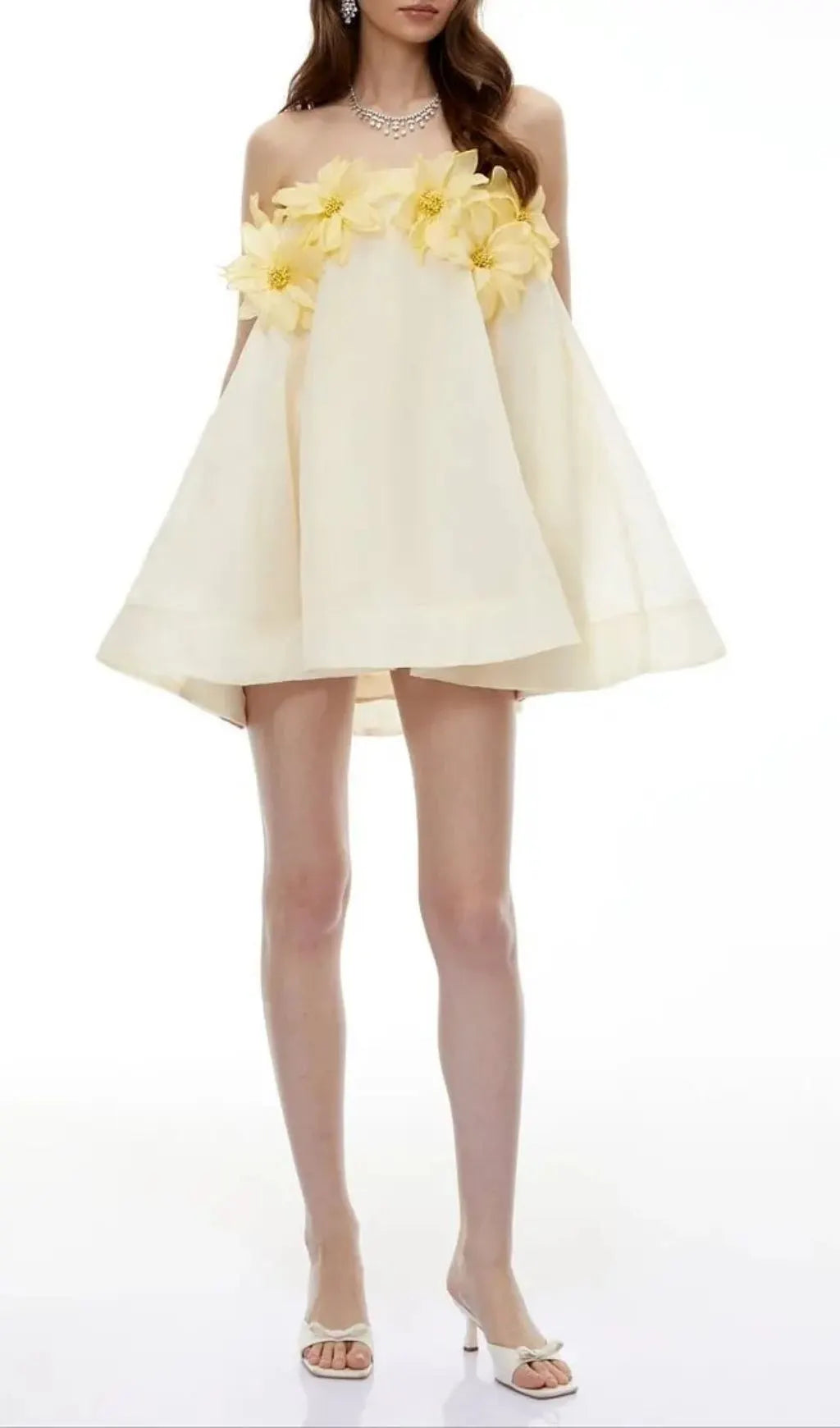 Sabrina Off-Shoulder 3D Floral Mini Dress In Yellow Flowering Girl