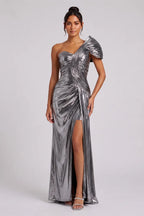 Silver Metallic One-Shoulder Draped Maxi Dress Flowering Girl