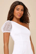 Amazing Glamour White Polka Dot Mesh One-Shoulder Midi Dress Flowering Girl