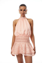Jane Halterneck Pleated Chiffon Mini Dress In Pink Flowering Girl