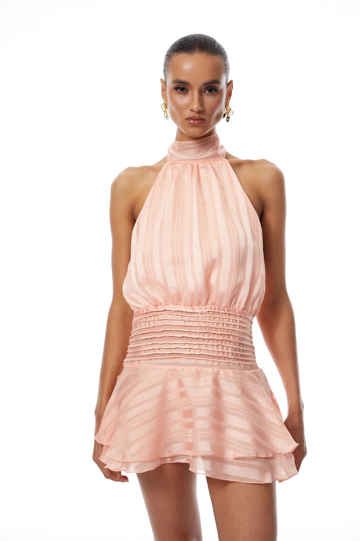 Jane Halterneck Pleated Chiffon Mini Dress In Pink Flowering Girl