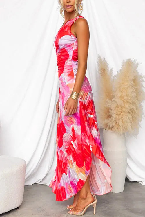 One Shoulder Sleeveless Print Asymmetric Maxi Pleated Dress Flowering Girl