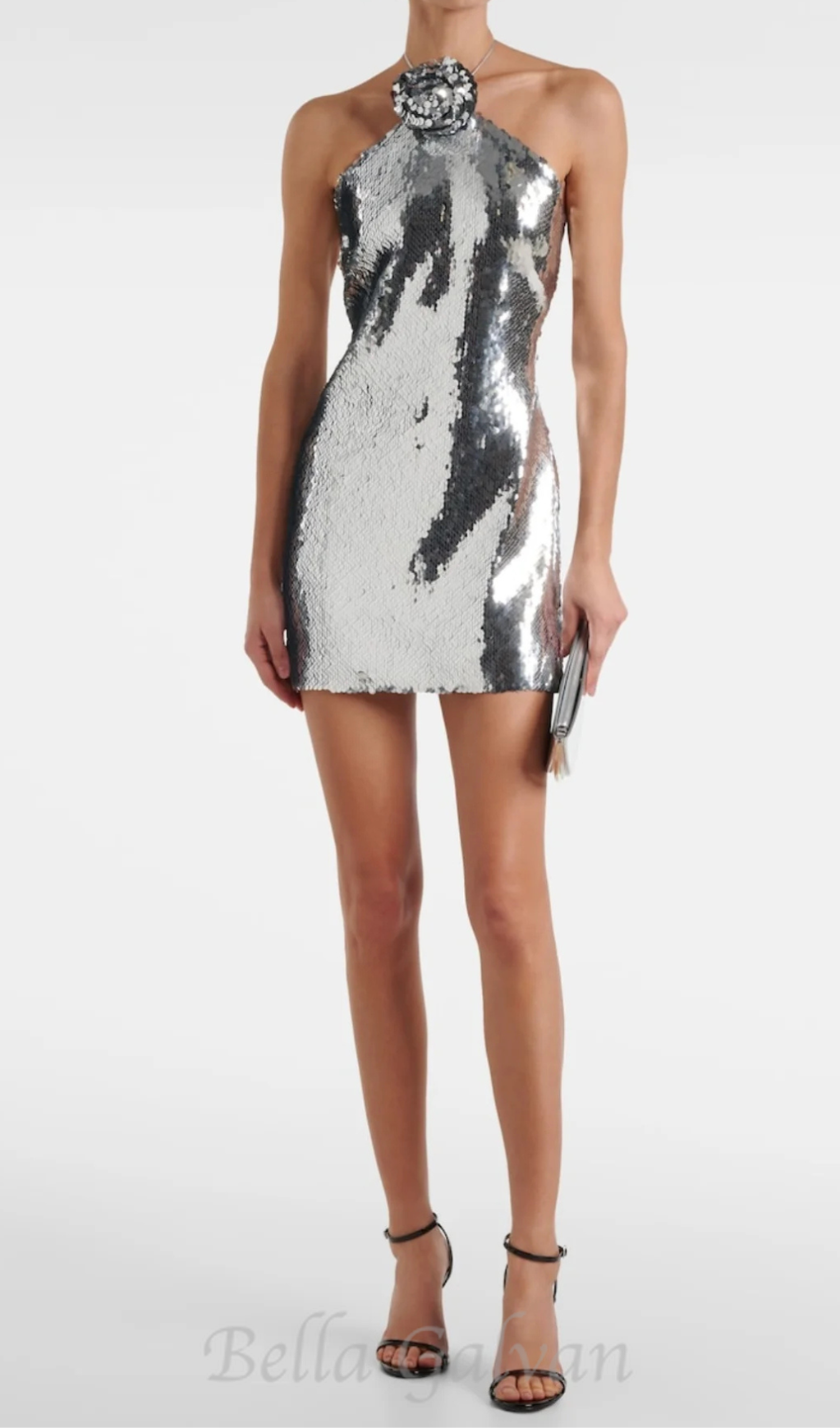 Cinwa Floral Appliqué Halter Sequin Mini Dress - Silver Flowering Girl