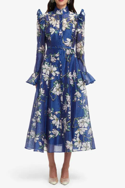 Floral Print Butterfly Sleeve Maxi Dress - Midnight Blue Flowering Girl
