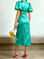 Megara Satin Cutout Puff-Sleeve Midi Dress Flowering Girl