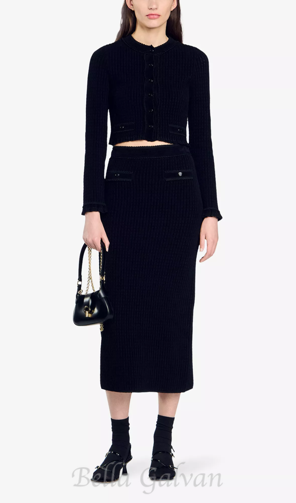 Velvet-texture cropped knitted cardigan in noir Flowering Girl