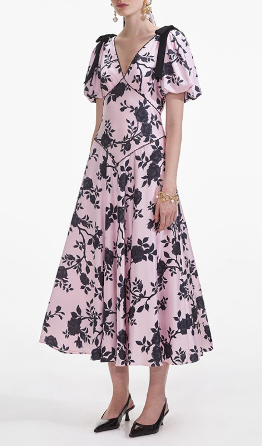 Filip Pink Flower Printed V-Neck Midi Dress Flowering Girl