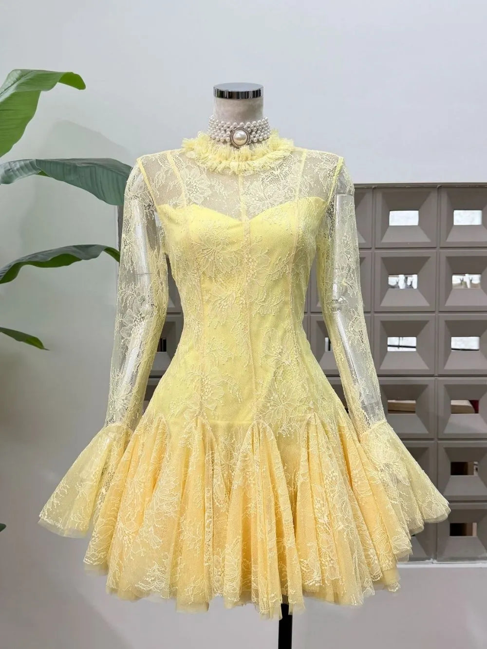Mana Yellow Lace Long Sleeve Mini Dress Flowering Girl