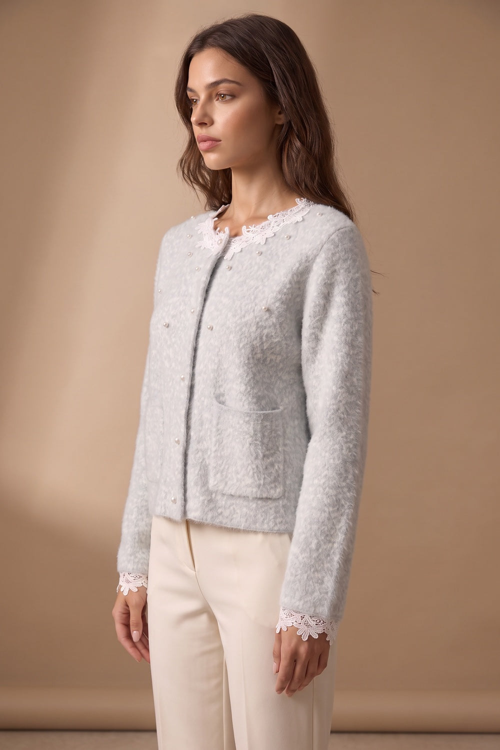 Pale Ice Blue Mohair-Blend Knit Boxy, Slightly Cropped Cardigan Flowering Girl