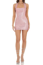 Virginia Sequin Halter Backless Mini Dress In Pink Flowering Girl