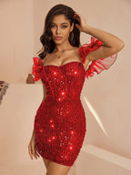 Victoria Red Ruffled Corset Bodycon Mini Dress Flowering Girl