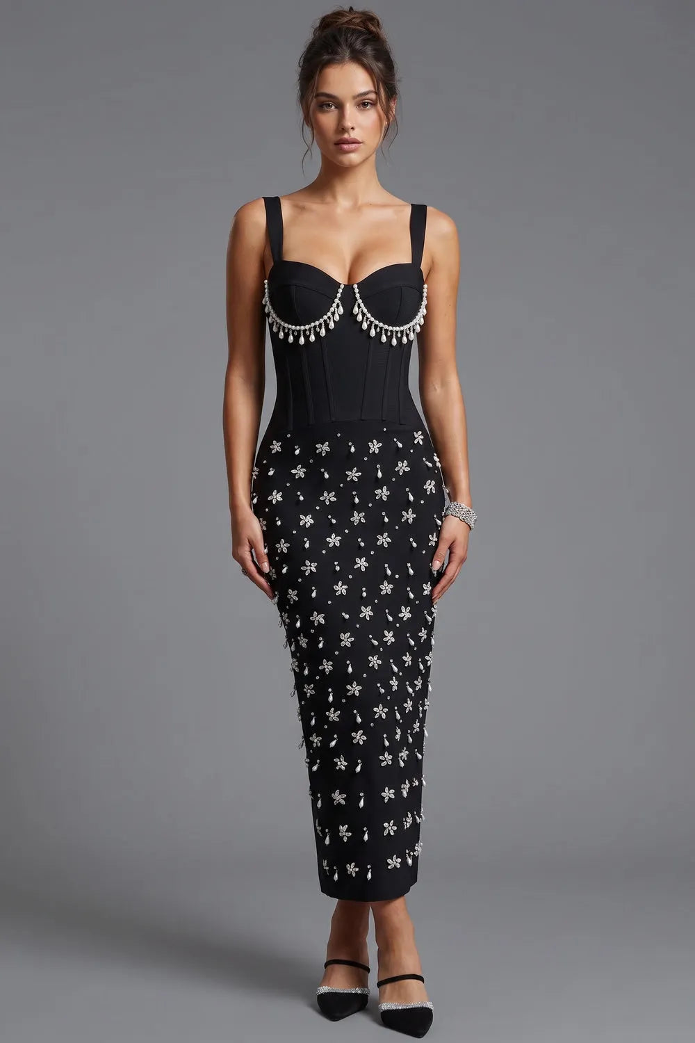 Black Sheath Midi Dress with Pearl and Crystal Fringe Flowering Girl