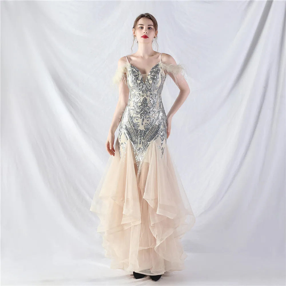 Feather Sequin Strapless Tulle Maxi Dress Flowering Girl