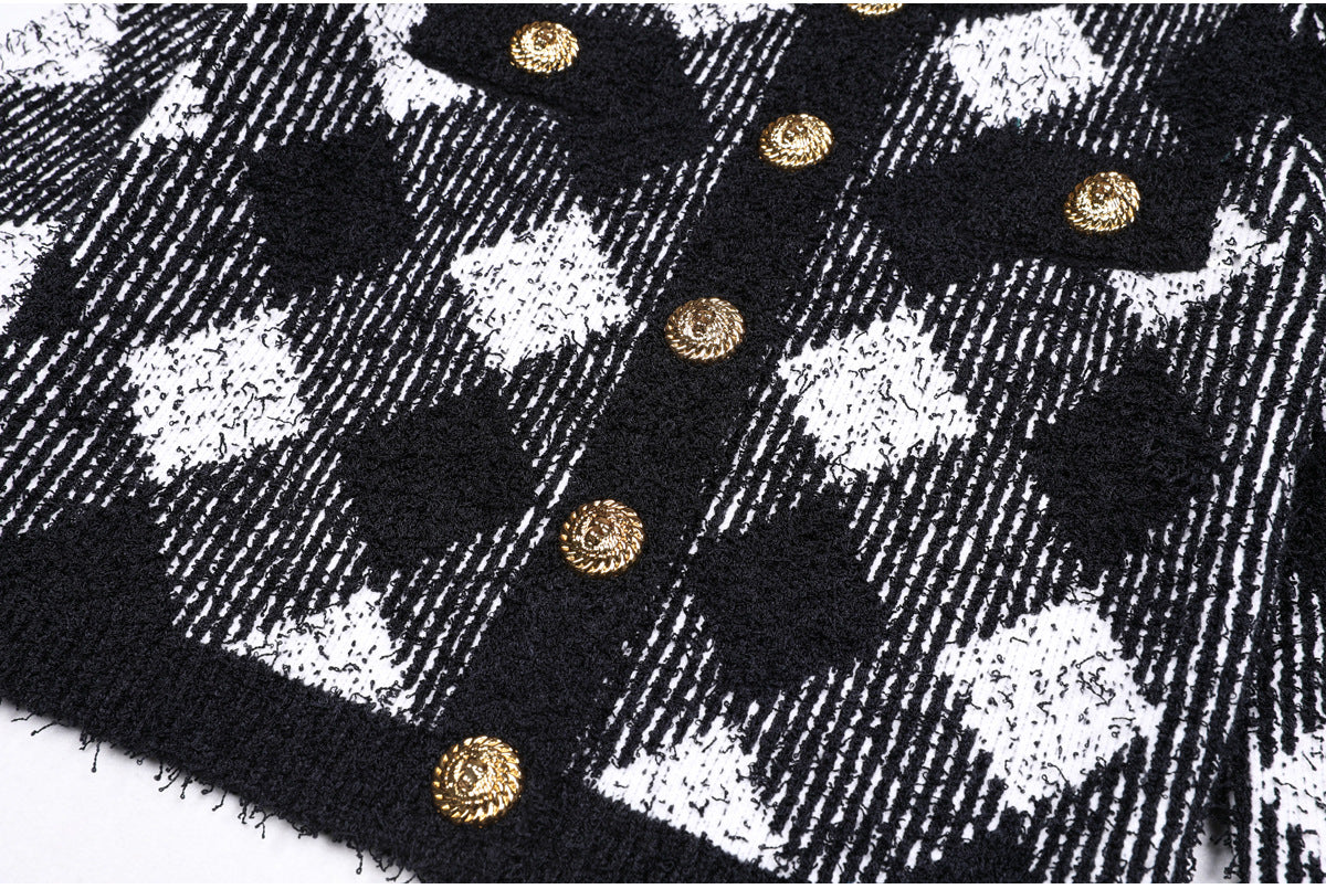 Black White Gingham Tweed Cardigan Flowering Girl