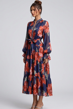Navy Blue Tiered Chiffon Maxi Dress with Floral Print Flowering Girl