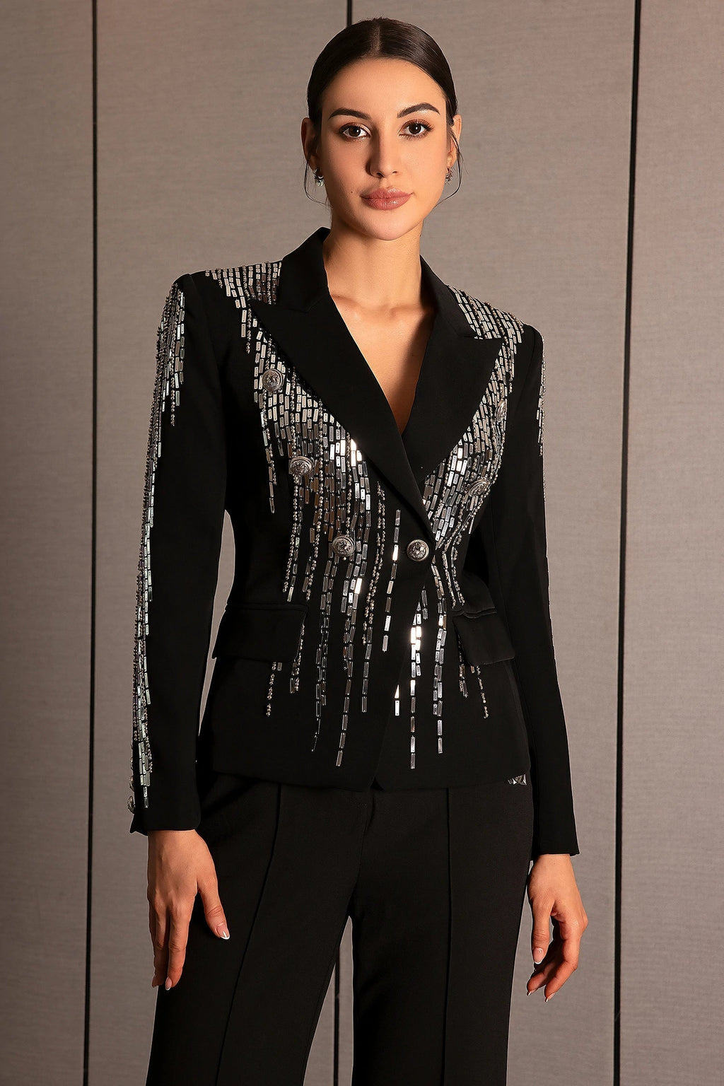 Andrea Faidra Rhinestone Double Breasted Lapel Blazer In Black Flowering Girl