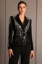 Andrea Faidra Rhinestone Double Breasted Lapel Blazer In Black Flowering Girl