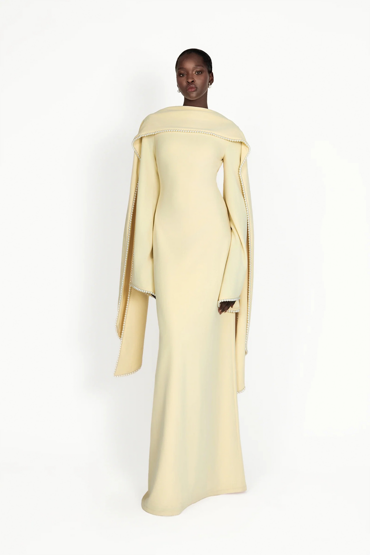 Murray Yellow Pearl Trim Shawl Detail Maxi Dress Flowering Girl