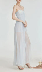 Fintan Blue Strapless Mesh Lace Maxi Dress Flowering Girl