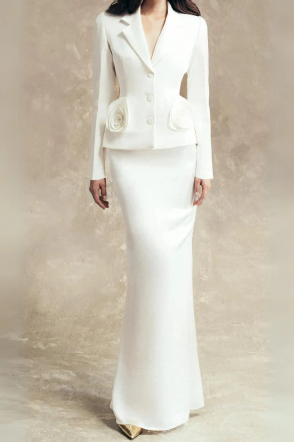 Flower Embellished Jacket Skirt Set In White Flowering Girl