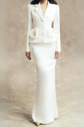 Flower Embellished Jacket Skirt Set In White Flowering Girl
