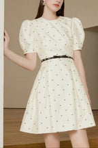 Elsie Polka Dot Puff Sleeve Mini Dress In Beige Flowering Girl