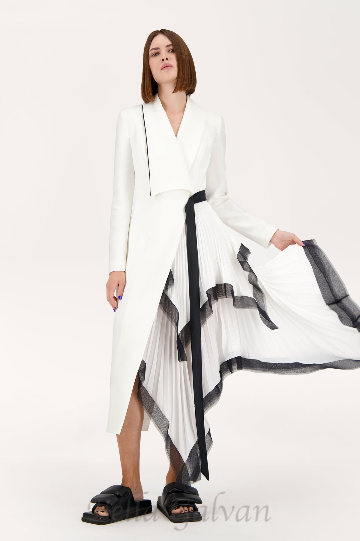 Asymmetric pleated ruffle trim blazer dress in white Flowering Girl