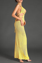 Biridi Halter Sheer Knit Dress In Yellow Flowering Girl