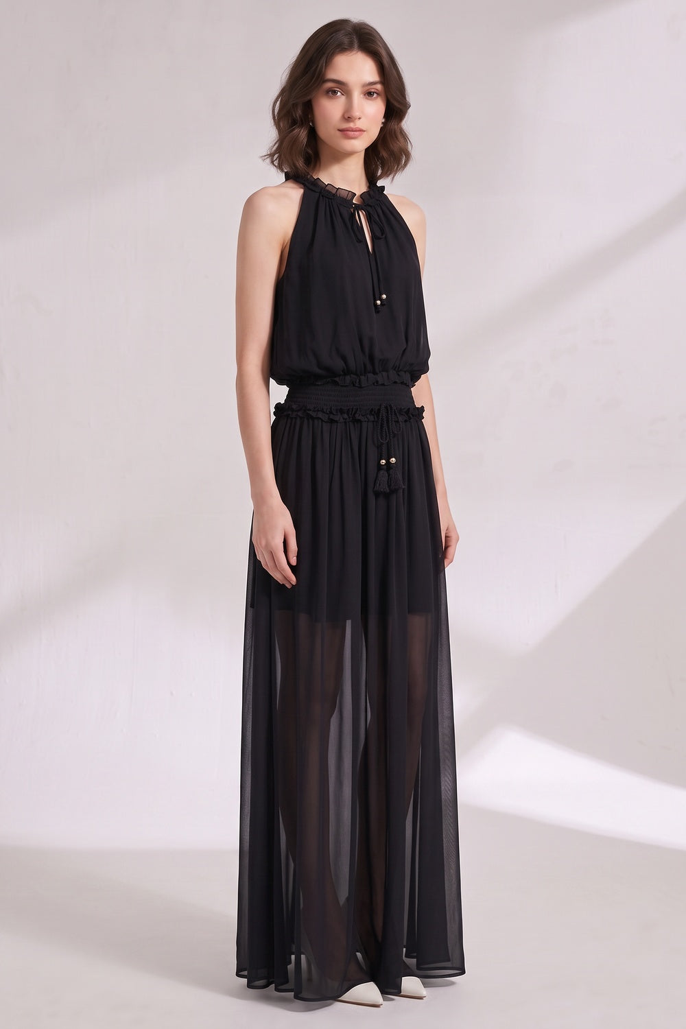 Black Chiffon A-Line Blouson Maxi Dress Flowering Girl