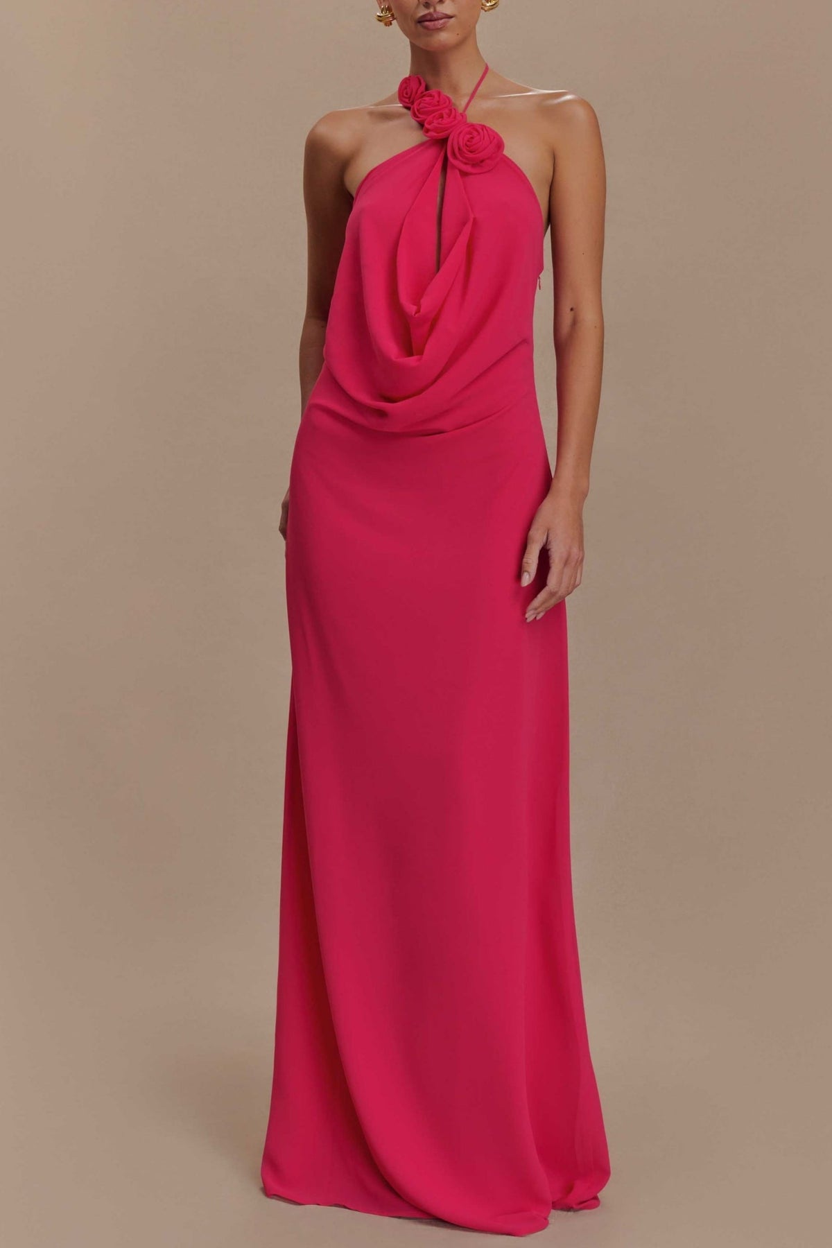 Floral halterneck high collar maxi dress in Rose Pink Flowering Girl