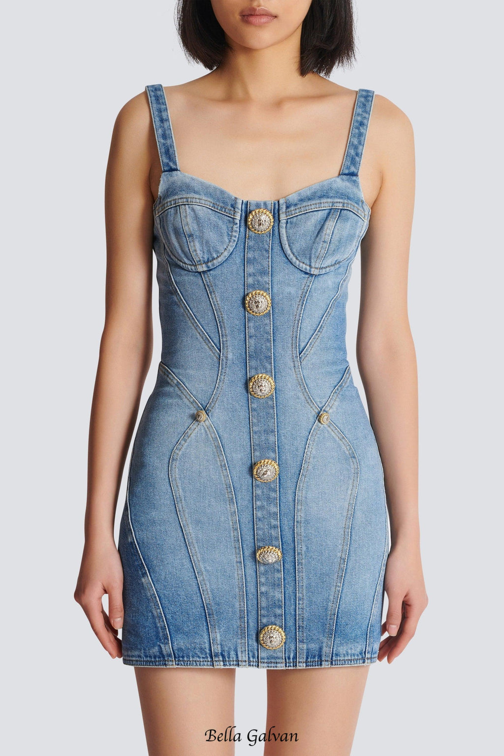 Buttoned denim mini dress in blue Flowering Girl