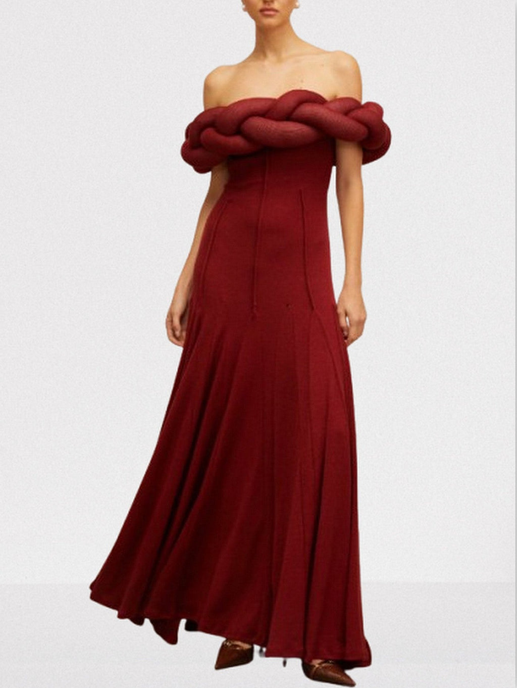 Padded Braided Off-Shoulder Maxi Dress in burgundy Flowering Girl